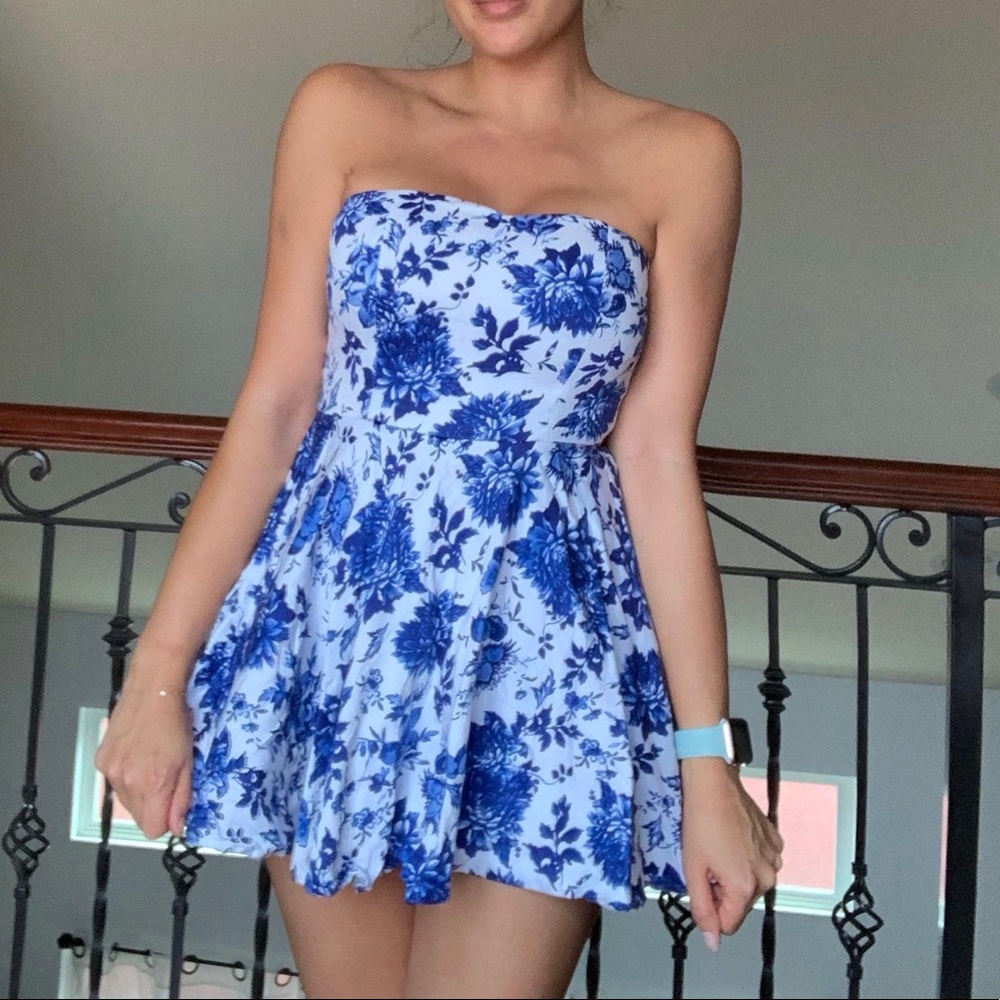 Blue & White Floral Romper (Shorts Underneath)